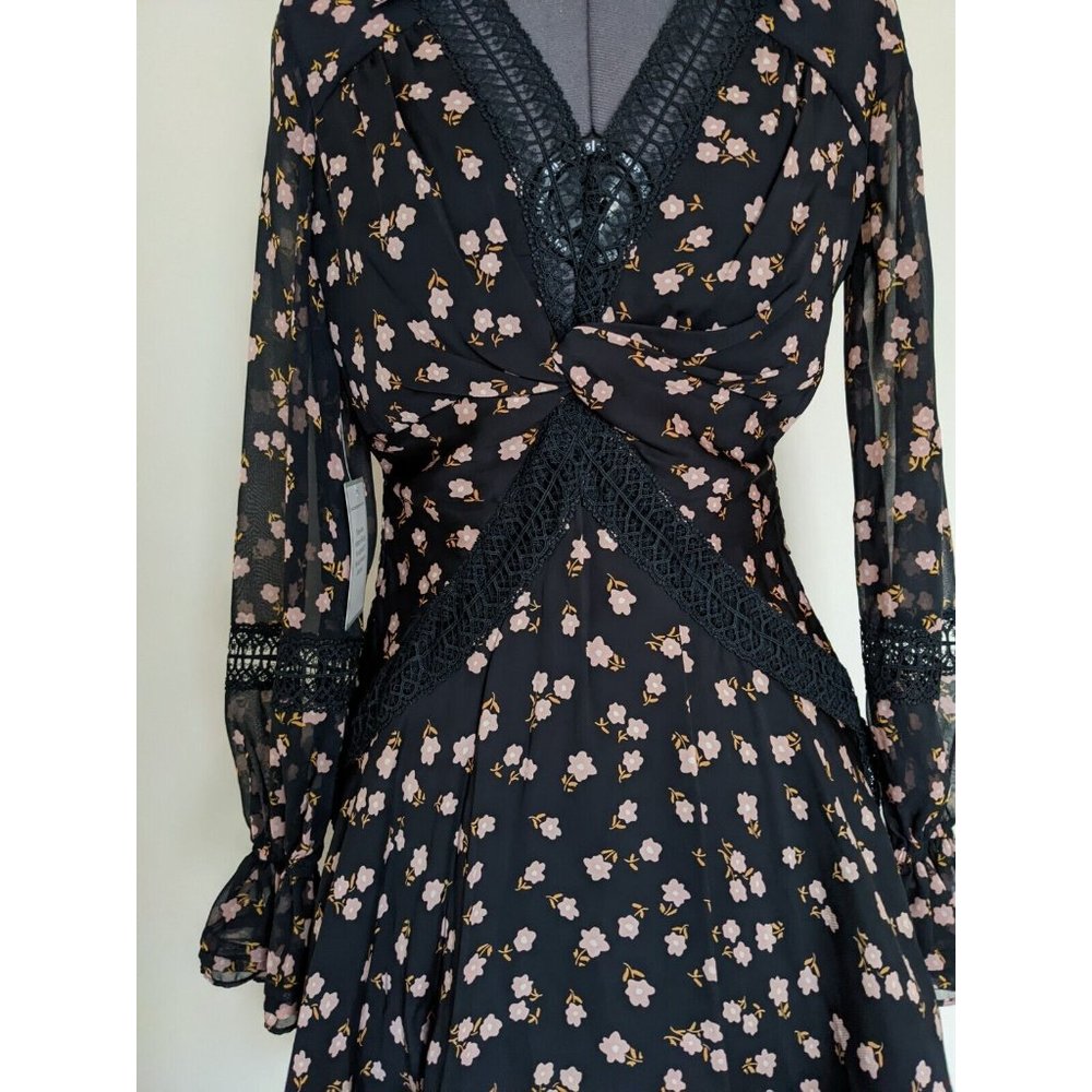 Self Portrait Twist Front Ditsy Mini Dress Floral Black Long Sleeve Size 8 BNWT - Picture 4 of 10